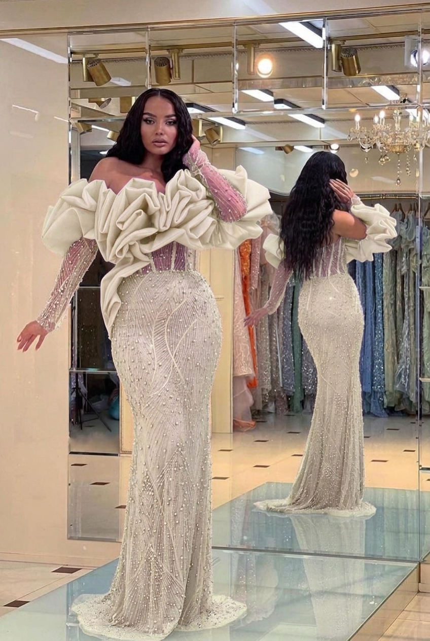 Ivory off-the-shoulder ruffled mermaid evening dress