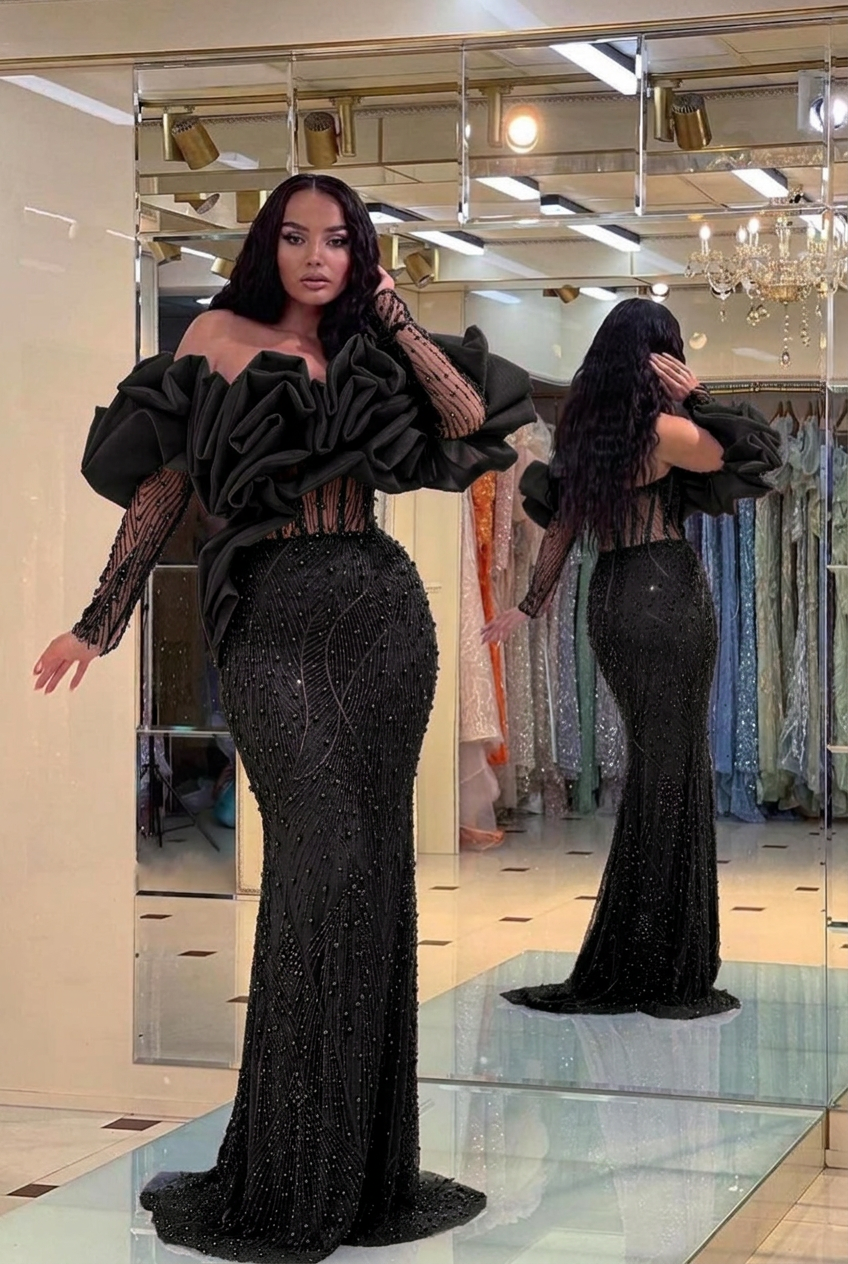 Black off-the-shoulder ruffled mermaid evening dress