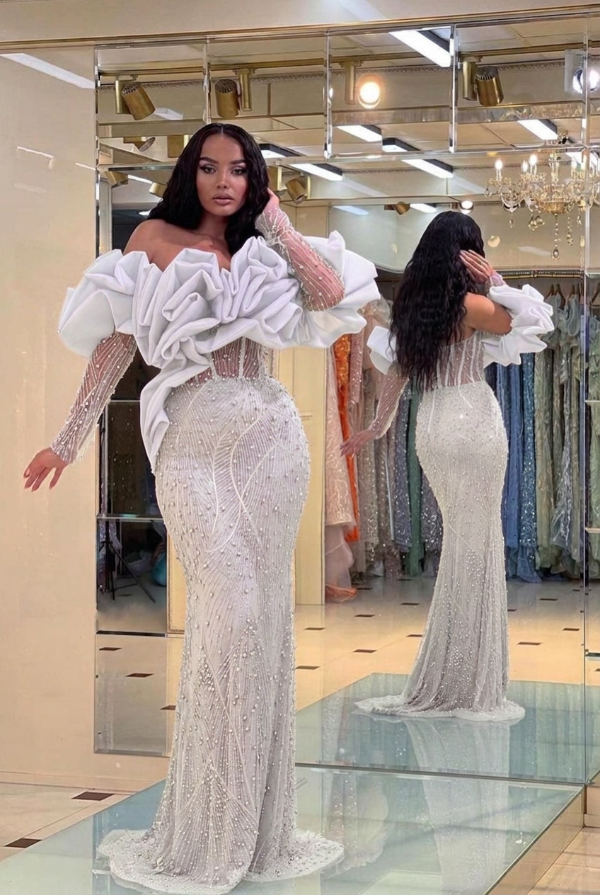 White off-the-shoulder ruffled mermaid evening dress