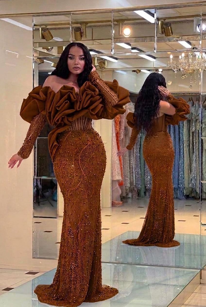 Chocolate off-the-shoulder ruffled mermaid evening dress