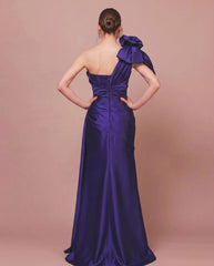 Purple One Shoulder Satin Mermaid Formal Dress Bow Beading Split Front Sweep Train Evening Gown