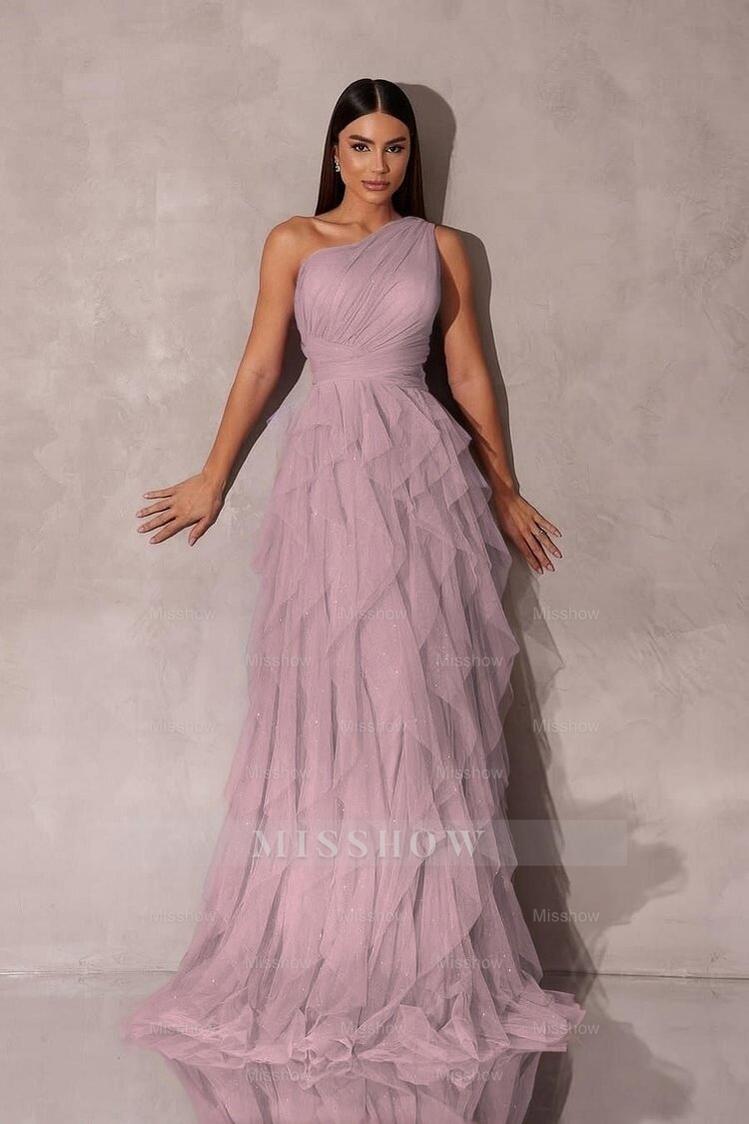Purple One Shoulder Sleeveless A-line Tulle Ruffled Ruched Floor Formal Evening Dress