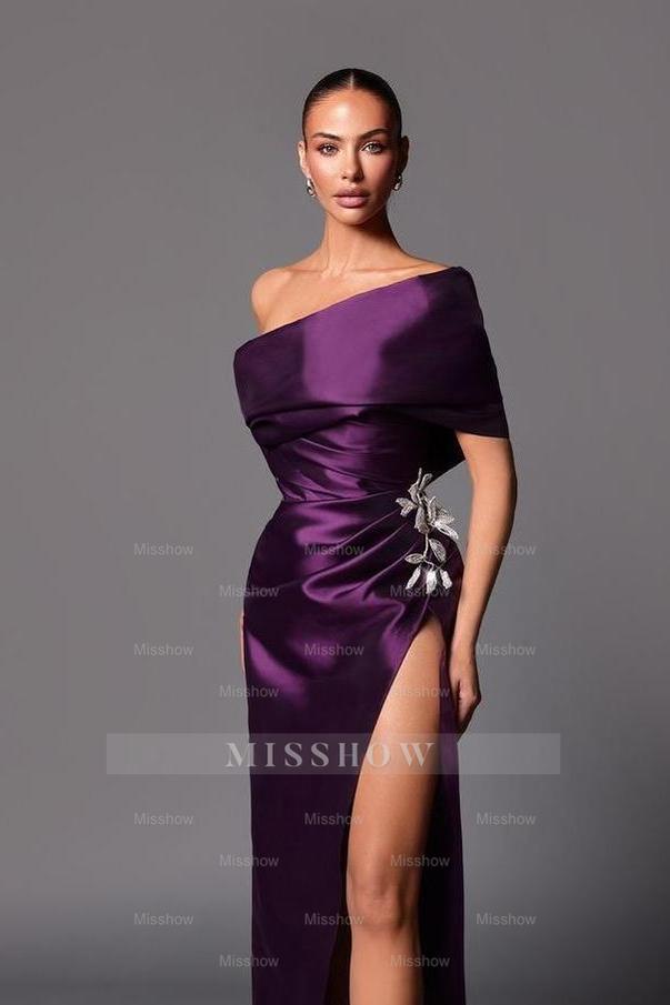 Purple One Shoulder Sleeveless Pleated Beadings Long Formal Dress With Split