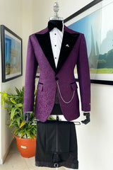Purple Peaked Lapel Jacquard Latest Prom Suit