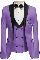 Purple Peaked Lapel Three-Piece Slim Prom Suit