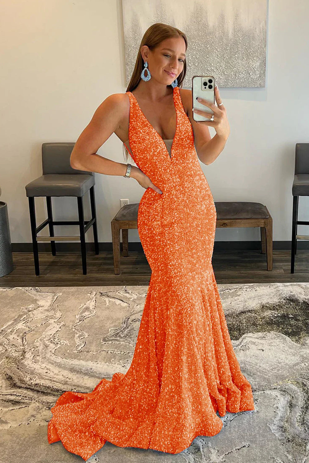 Purple Sequined Prom Dress with Deep V Neck and Open Back in Mermaid Style