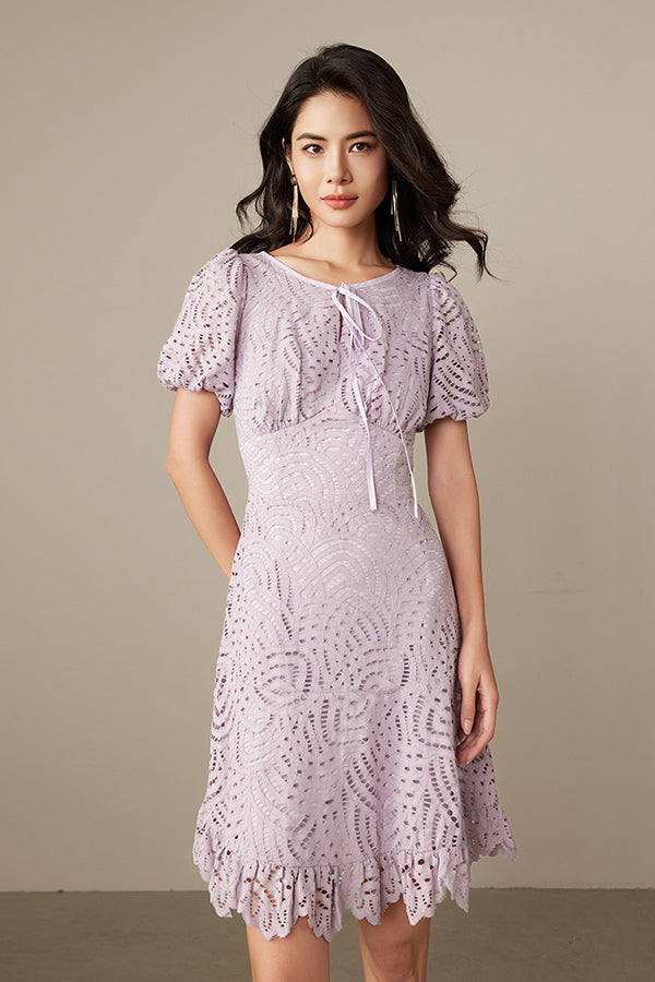 Purple Short Lace Dress with Puff Sleeves