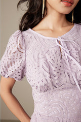 Purple Short Lace Dress with Puff Sleeves