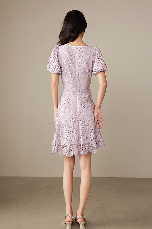Purple Short Lace Dress with Puff Sleeves