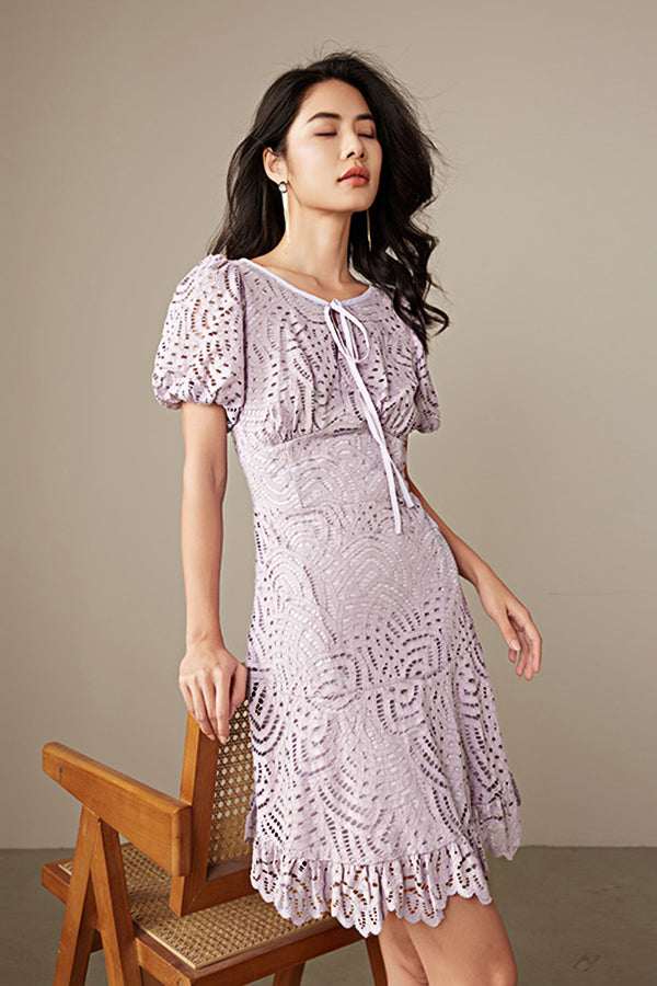 Purple Short Lace Dress with Puff Sleeves