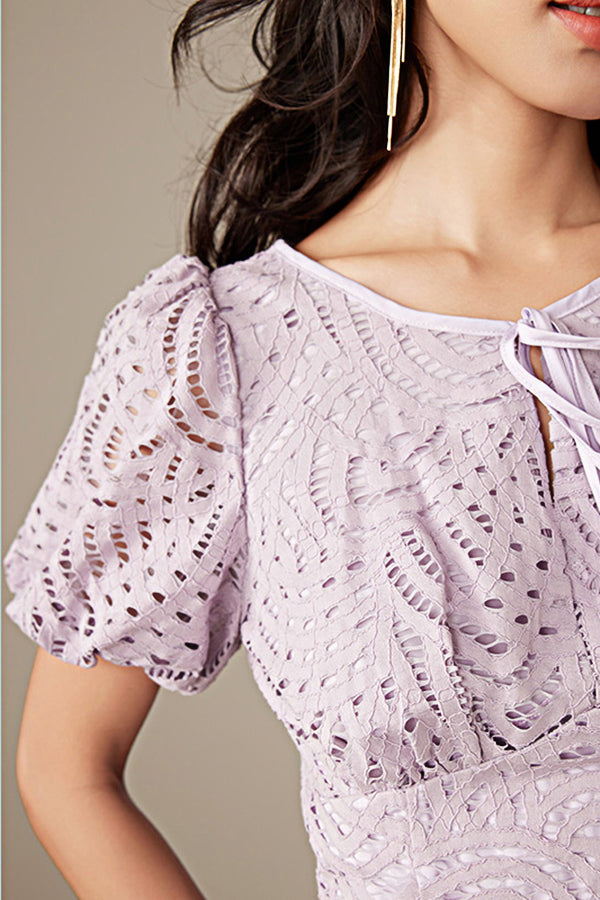 Purple Short Lace Dress with Puff Sleeves