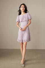 Purple Short Lace Dress with Puff Sleeves