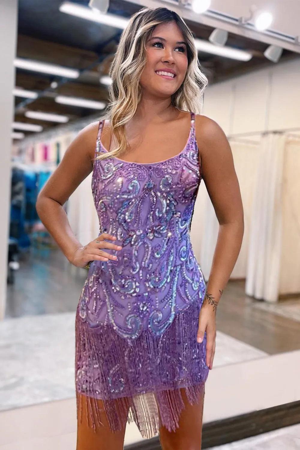 Purple Spaghetti Straps Baroque Sequin Embroidery Fringe Hem Open Back Bodycon Homecoming Dress Mini