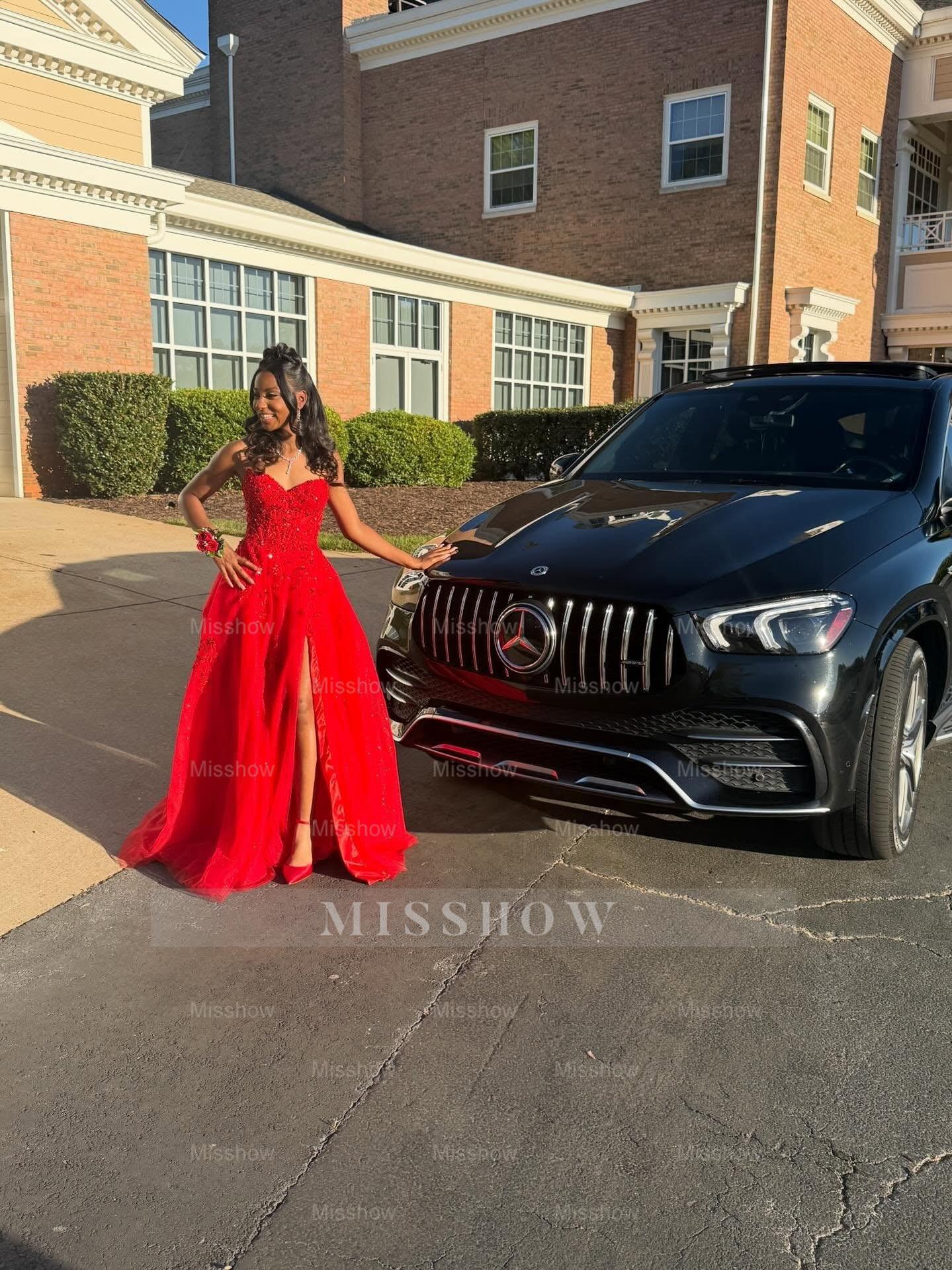 Red Appliques Strapless Prom Dress Lace A-Line Gown with High Slit
