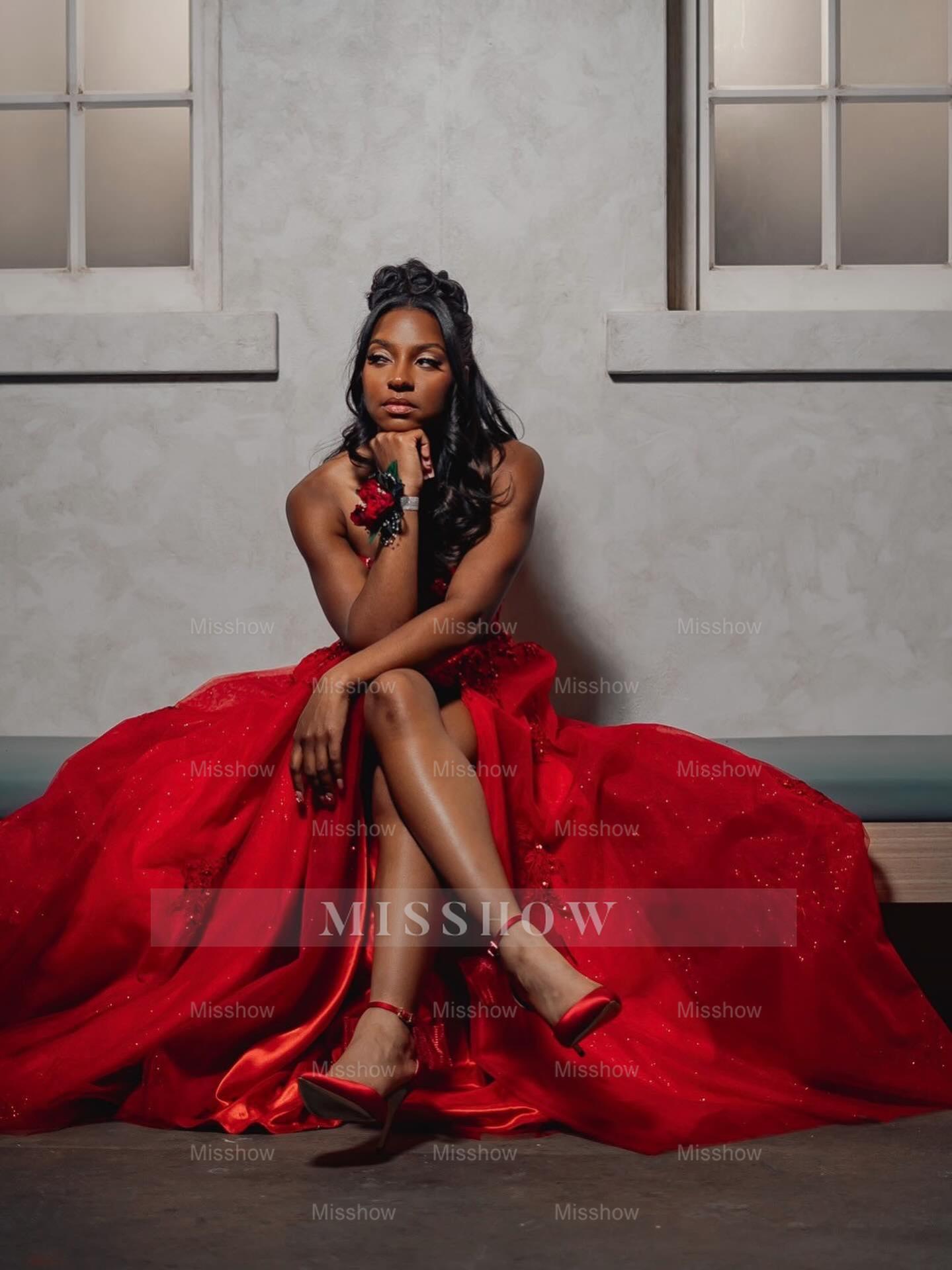 Red Appliques Strapless Prom Dress Lace A-Line Gown with High Slit Red Appliques Strapless Prom Dress Lace A-Line Gown with High Slit