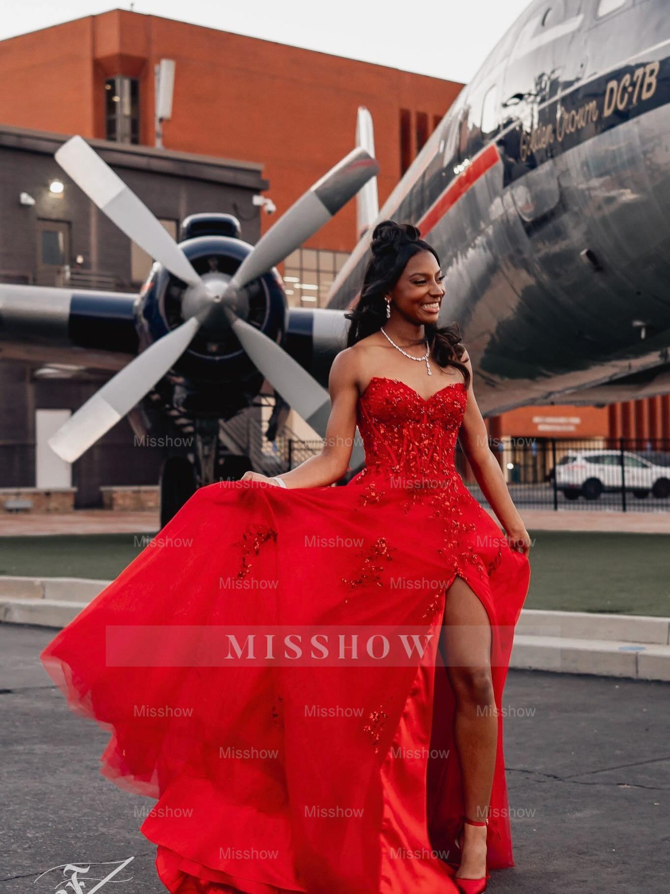 Red Appliques Strapless Prom Dress Lace A-Line Gown with High Slit