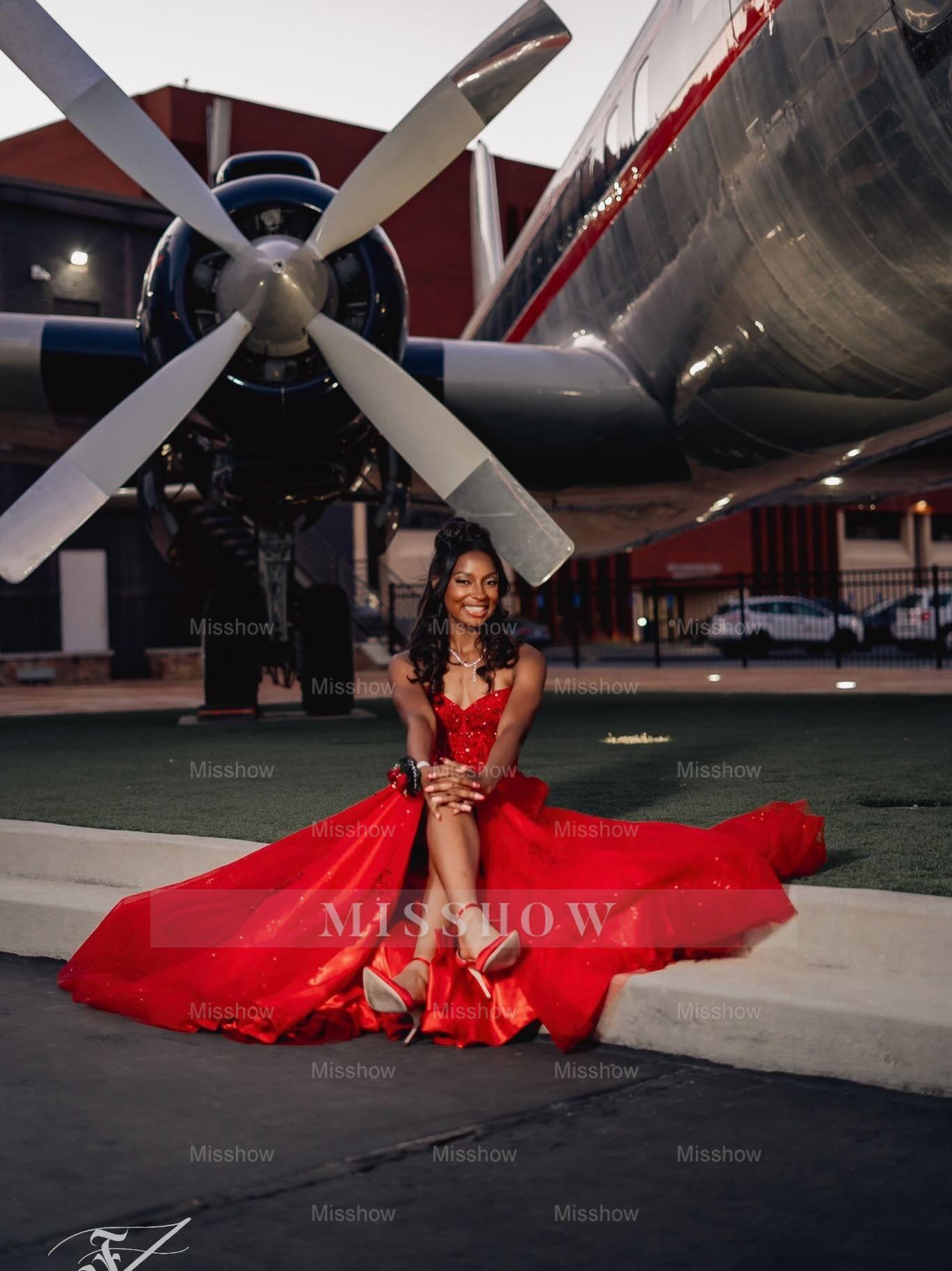Red Appliques Strapless Prom Dress Lace A-Line Gown with High Slit