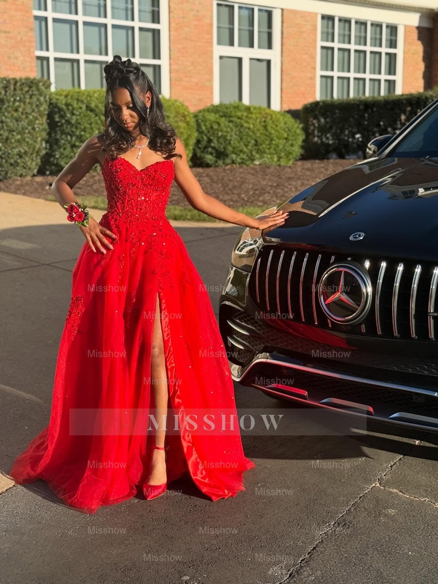 Red Appliques Strapless Prom Dress Lace A-Line Gown with High Slit