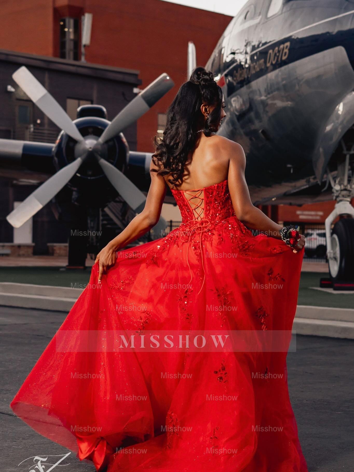 Red Appliques Strapless Prom Dress Lace A-Line Gown with High Slit