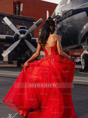 Red Appliques Strapless Prom Dress Lace A-Line Gown with High Slit