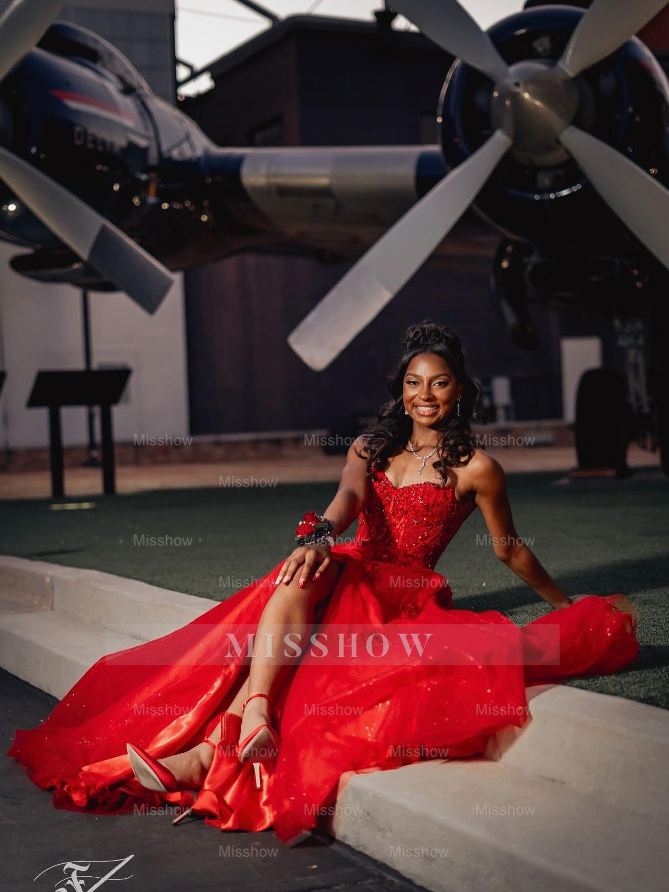 Red Appliques Strapless Prom Dress Lace A-Line Gown with High Slit