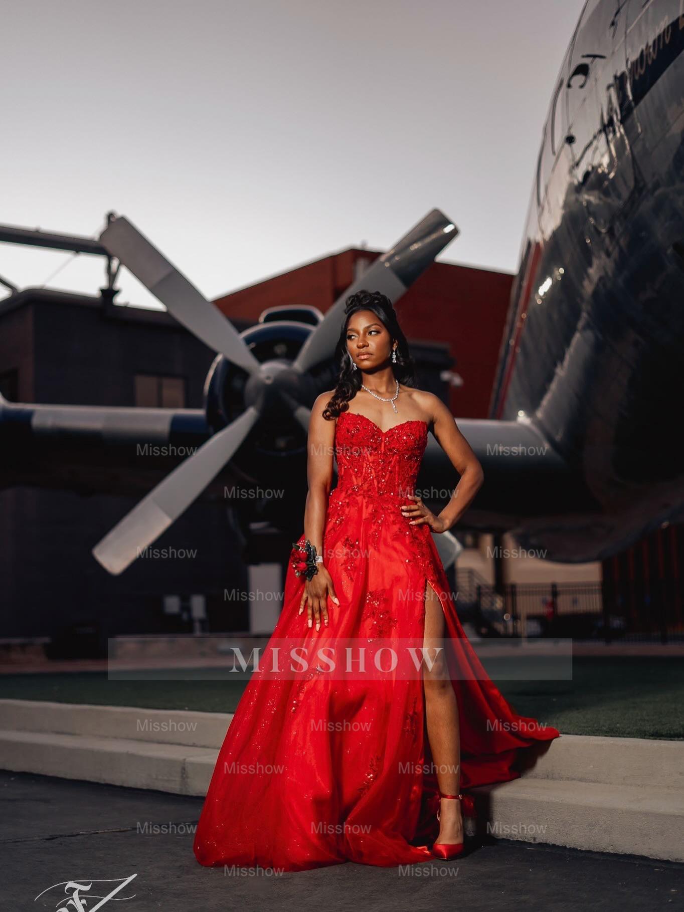 Red Appliques Strapless Prom Dress Lace A-Line Gown with High Slit