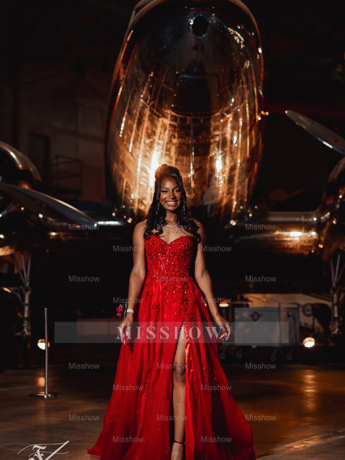 Red Appliques Strapless Prom Dress Lace A-Line Gown with High Slit
