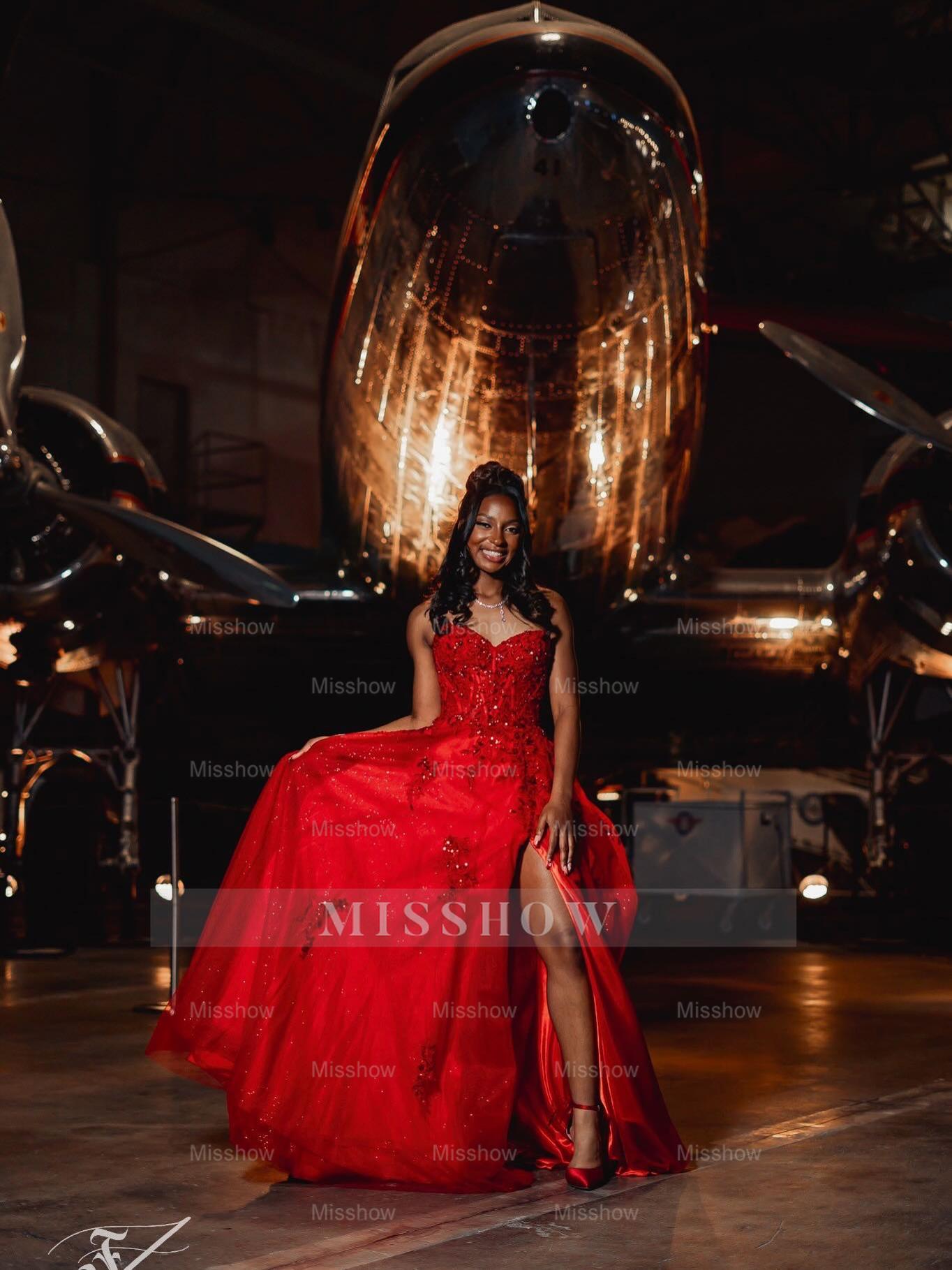 Red Appliques Strapless Prom Dress Lace A-Line Gown with High Slit