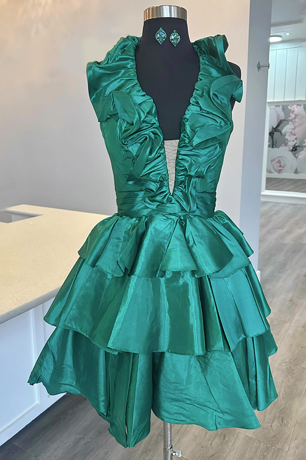 Red Deep V-neck A-Line Satin Short Homecoming Dress with Ruffles
