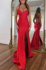 Red Halter Sleeveless Beading Satin Mermaid Prom Dress Backless Side Slit Floor Length