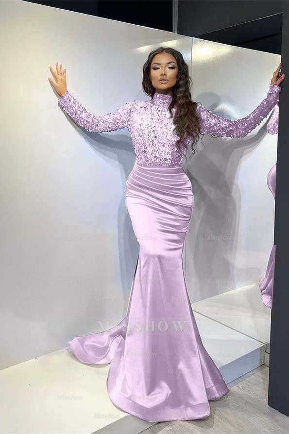 Red High Neck Long Sleeve Sequined Mermaid Satin Ruched Floor Length Formal Evening Gown
