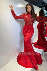 Red High Neck Long Sleeve Sequined Mermaid Satin Ruched Floor Length Formal Evening Gown