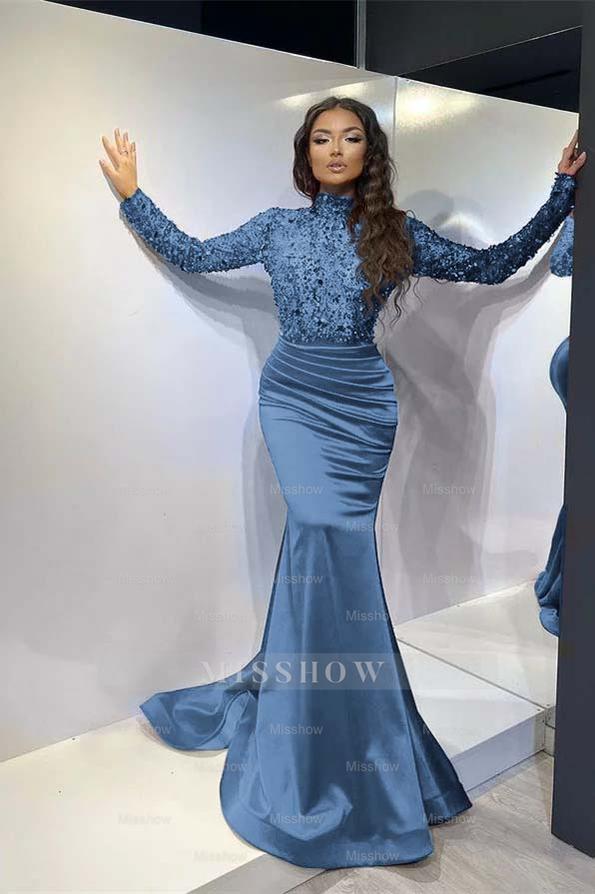 Red High Neck Long Sleeve Sequined Mermaid Satin Ruched Floor Length Formal Evening Gown