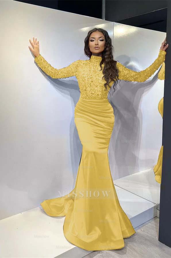Red High Neck Long Sleeve Sequined Mermaid Satin Ruched Floor Length Formal Evening Gown