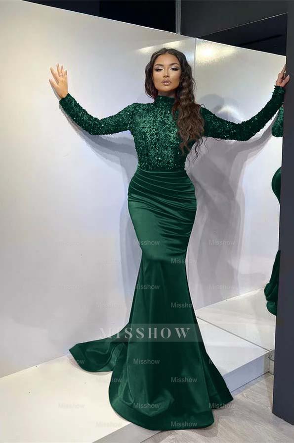 Red High Neck Long Sleeve Sequined Mermaid Satin Ruched Floor Length Formal Evening Gown