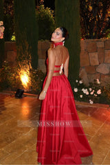 Red high neck applique A-line evening dress