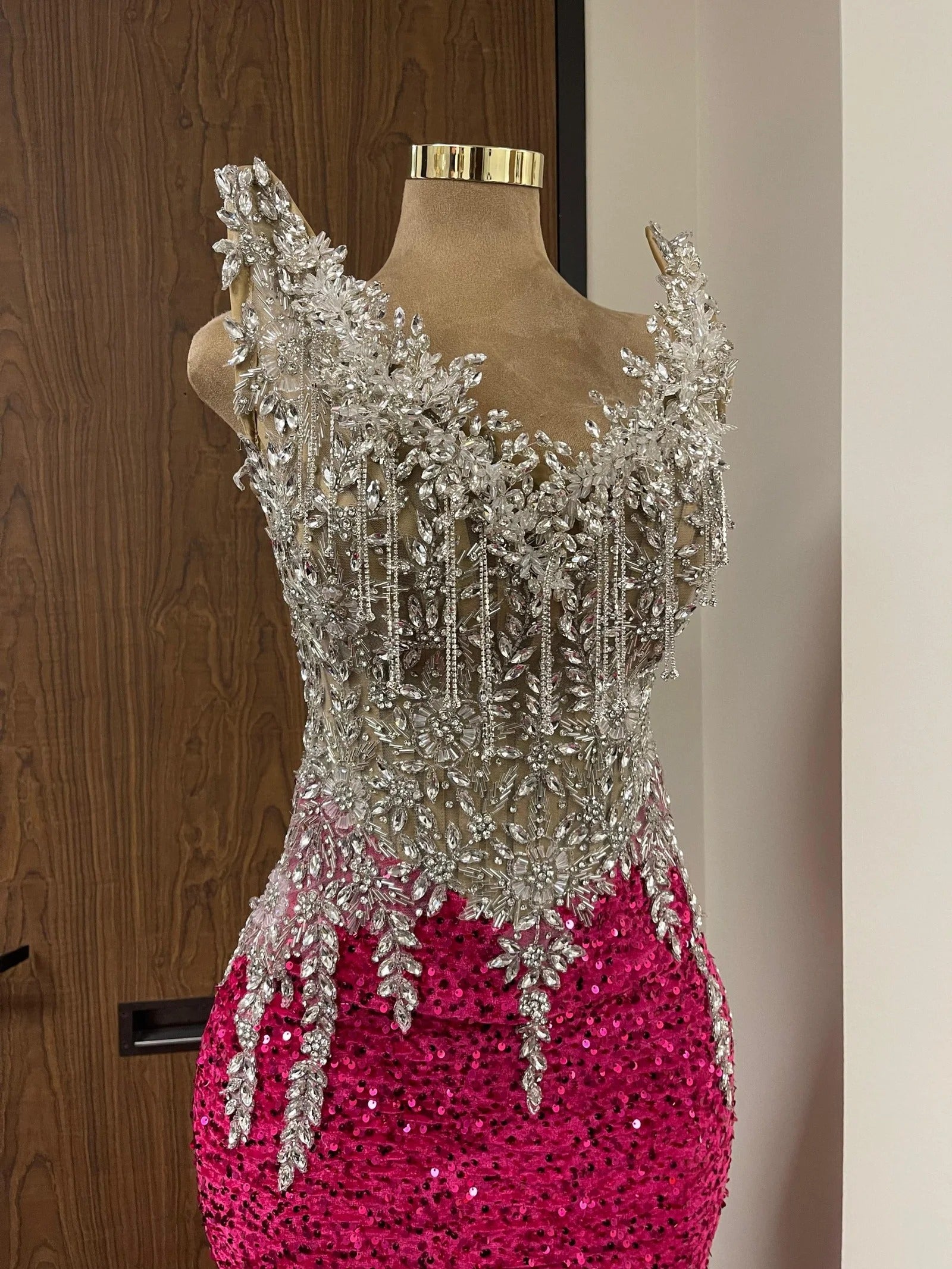 Red Mermaid Prom Dress Illusion Scoop Neck Silver Crystal Leaf Applique Fringe Tassel Sequin Corset Court Train Gown