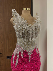 Red Mermaid Prom Dress Illusion Scoop Neck Silver Crystal Leaf Applique Fringe Tassel Sequin Corset Court Train Gown