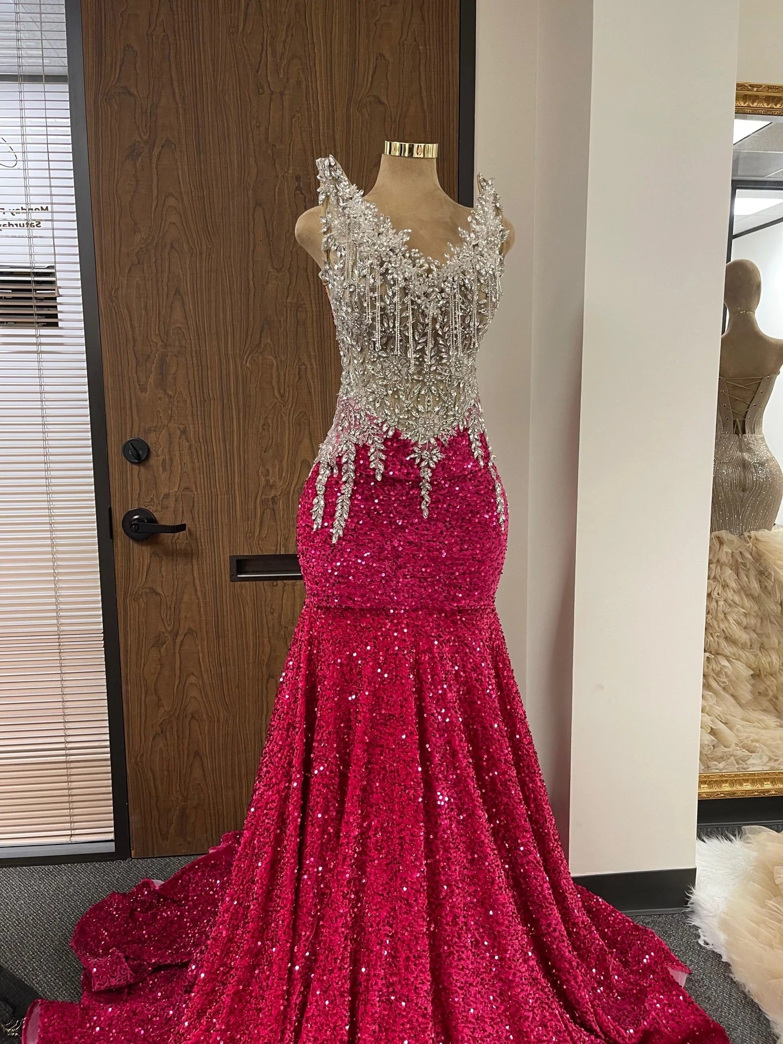 Red Mermaid Prom Dress Illusion Scoop Neck Silver Crystal Leaf Applique Fringe Tassel Sequin Corset Court Train Gown