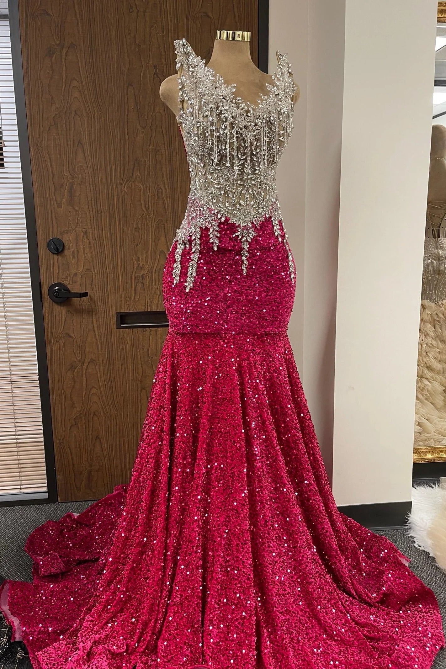 Red Mermaid Prom Dress Illusion Scoop Neck Silver Crystal Leaf Applique Fringe Tassel Sequin Corset Court Train Gown