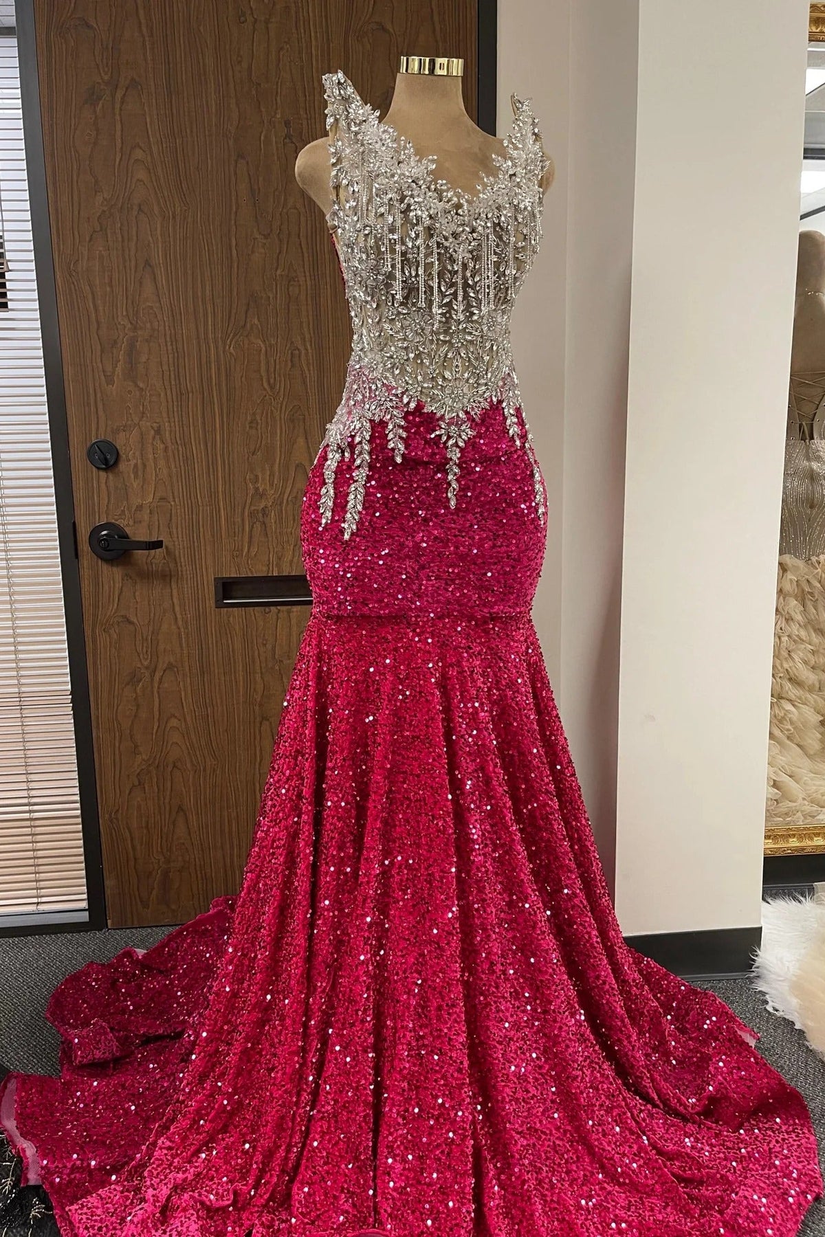 Red Mermaid Prom Dress Illusion Scoop Neck Silver Crystal Leaf Applique Fringe Tassel Sequin Corset Court Train Gown