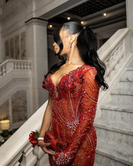 Red Mermaid Prom Dress Off Shoulder Deep V Sweetheart 3D Red Floral Applique Sheer Illusion Boned Corset One Long Glove Sleeve Geometric Swirl Radial Crystal Rhinestone Beaded Barely There Court Train Gown