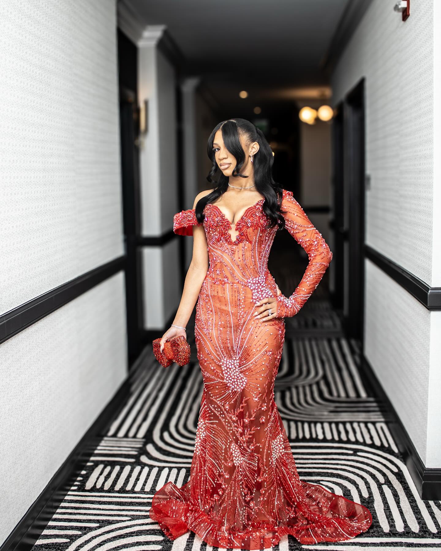 Red Mermaid Prom Dress Off Shoulder Deep V Sweetheart 3D Red Floral Applique Sheer Illusion Boned Corset One Long Glove Sleeve Geometric Swirl Radial Crystal Rhinestone Beaded Barely There Court Train Gown
