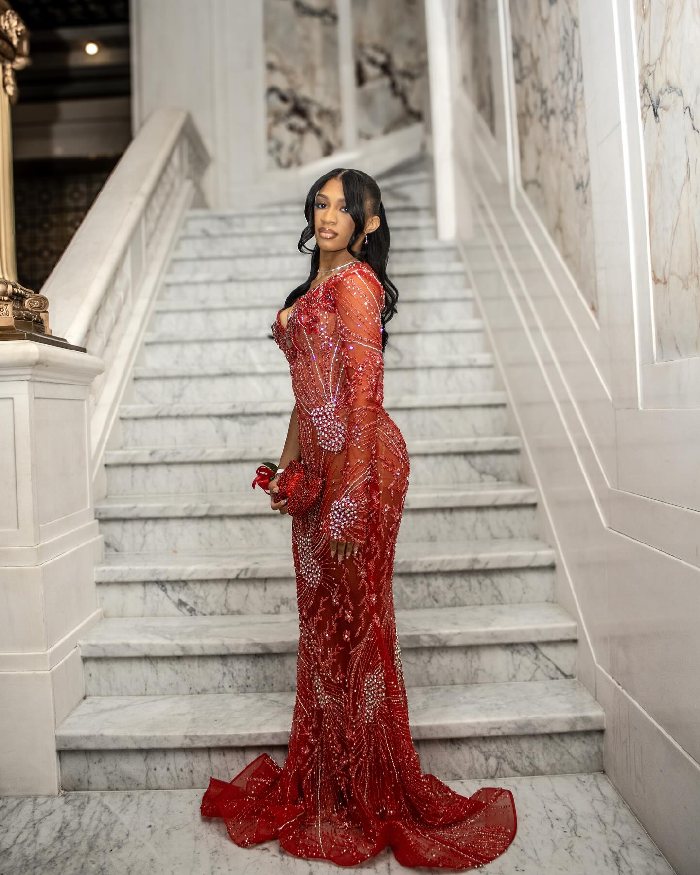 Red Mermaid Prom Dress Off Shoulder Deep V Sweetheart 3D Red Floral Applique Sheer Illusion Boned Corset One Long Glove Sleeve Geometric Swirl Radial Crystal Rhinestone Beaded Barely There Court Train Gown