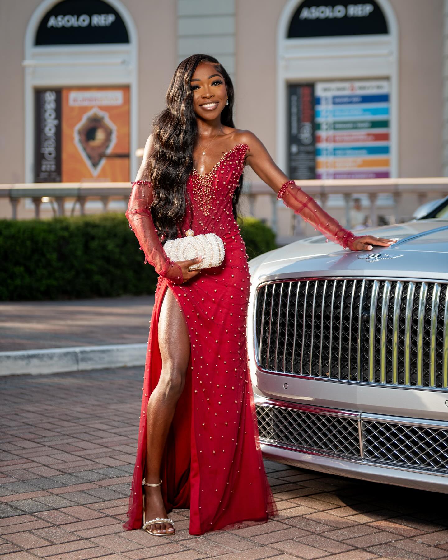 Red Mermaid Prom Dress Off Shoulder Deep V Sweetheart Sheer Illusion Boned Corset Heavy Gold Pearl Bead Cluster All-Over Scattered Gold Pearl Bead Red Tulle Detached Long Red Sheer Illusion Gloves High Split Sweep Train Gown
