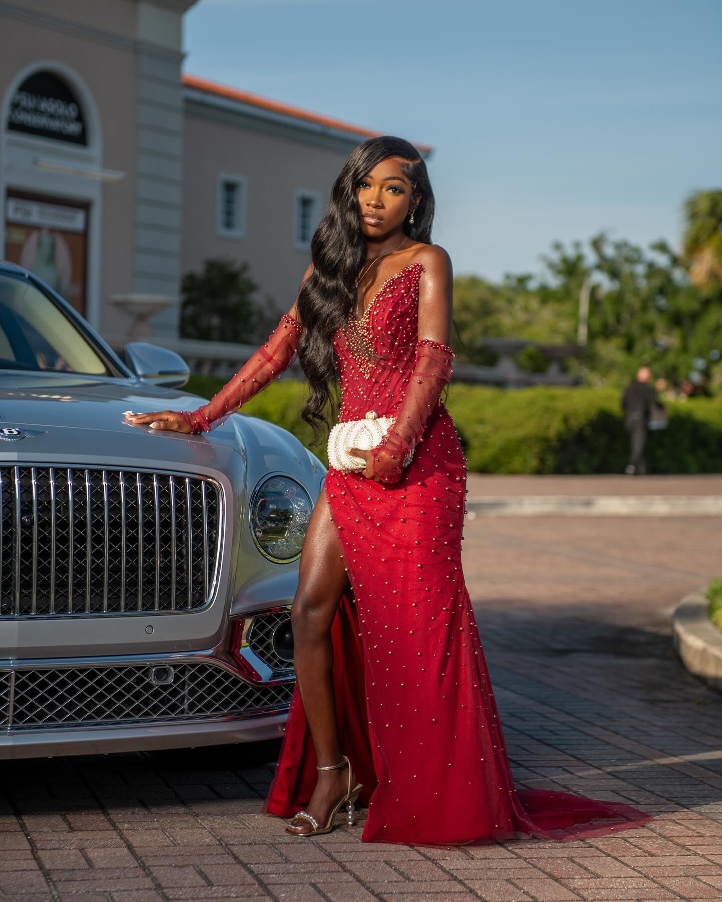 Red Mermaid Prom Dress Off Shoulder Deep V Sweetheart Sheer Illusion Boned Corset Heavy Gold Pearl Bead Cluster All-Over Scattered Gold Pearl Bead Red Tulle Detached Long Red Sheer Illusion Gloves High Split Sweep Train Gown