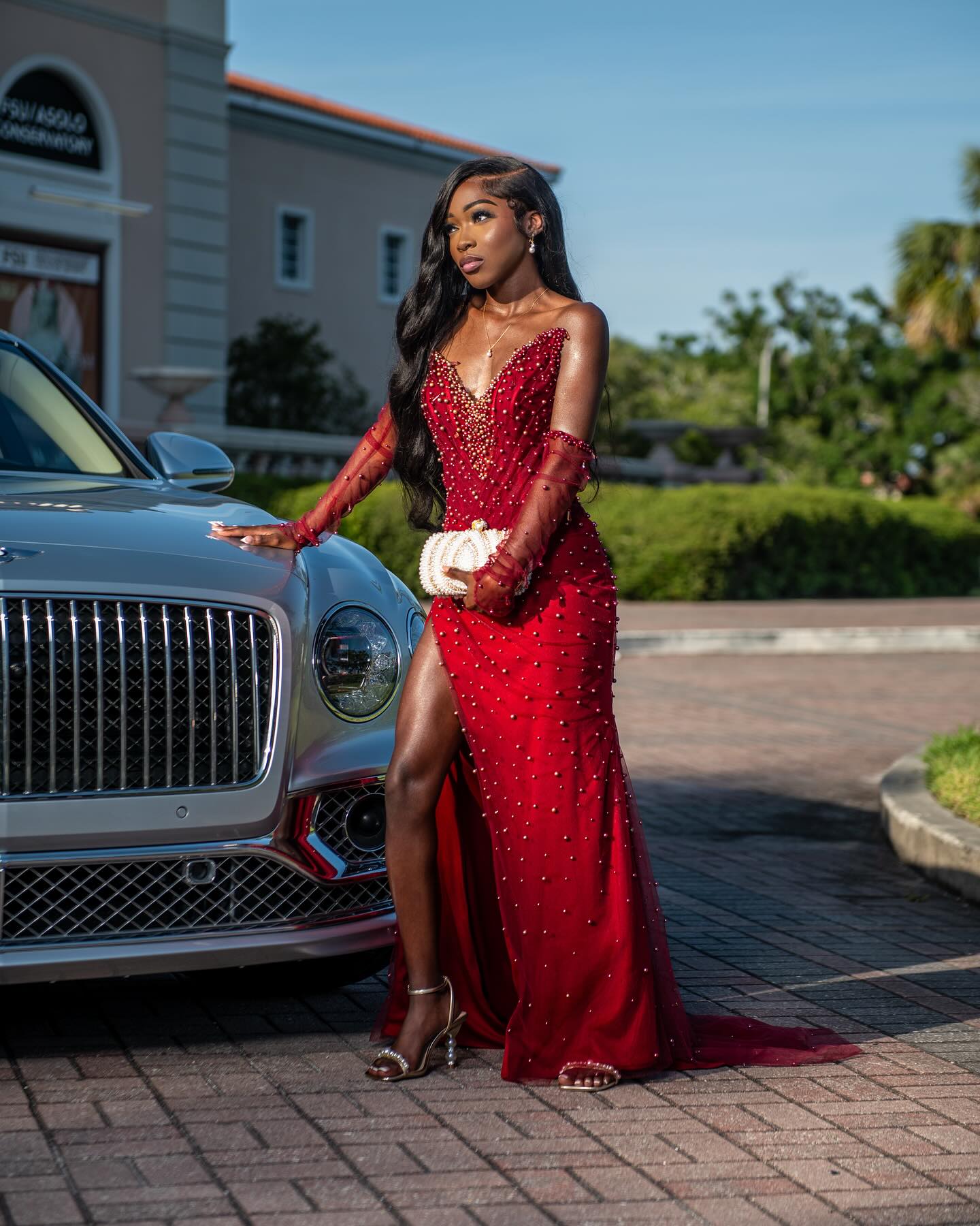 Red Mermaid Prom Dress Off Shoulder Deep V Sweetheart Sheer Illusion Boned Corset Heavy Gold Pearl Bead Cluster All-Over Scattered Gold Pearl Bead Red Tulle Detached Long Red Sheer Illusion Gloves High Split Sweep Train Gown
