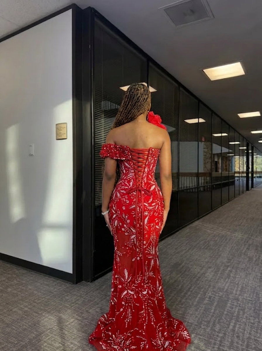 Red Mermaid Prom Dress Off Shoulder One Shoulder 3D Floral Ruffle Silver  Crystal Botanical Beaded Lace | Misshow  misshow.com