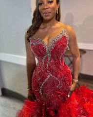 Red Mermaid Prom Dress Strapless Sweetheart Silver Crystal Rhinestone Beaded Lace Corset Ruffle Organza Skirt Split Front Chapel Train Gown