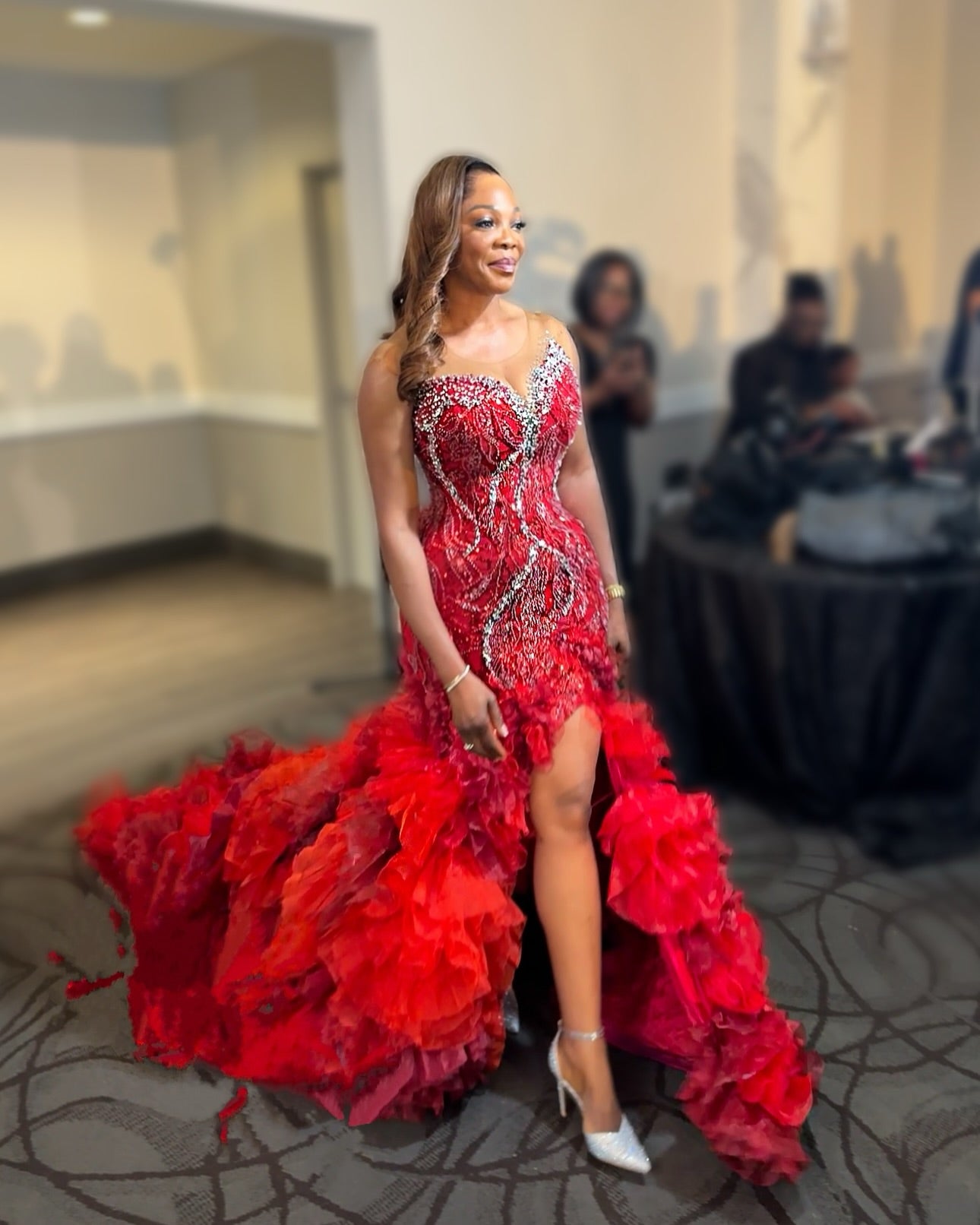 Red Mermaid Prom Dress Strapless Sweetheart Silver Crystal Rhinestone Beaded Lace Corset Ruffle Organza Skirt Split Front Chapel Train Gown